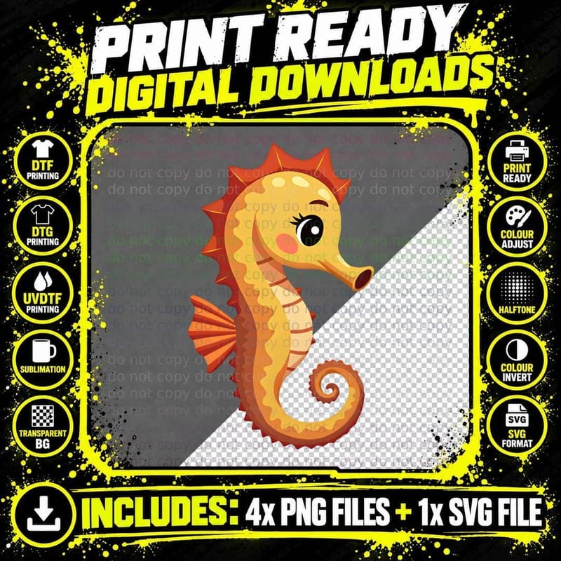 Smiling Seahorse Cartoon Spiky Teal Beige Ocean Sea Png SVG Digital Bundle