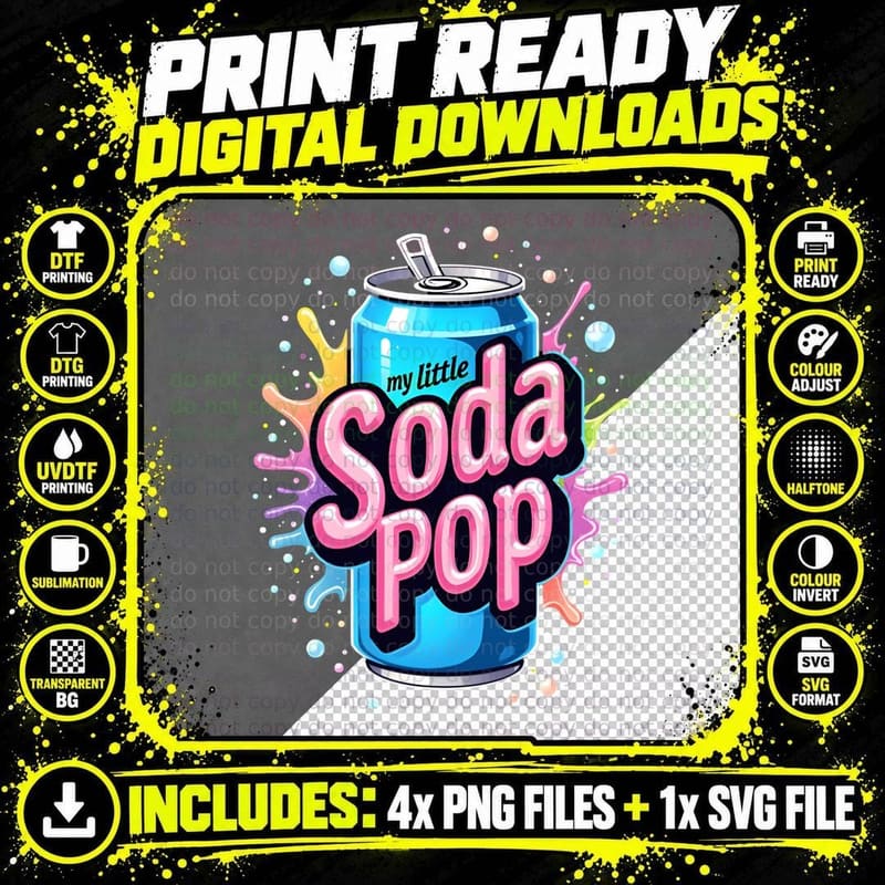 Soda Pop Vibrant Cartoon Blue Green Can Confetti Musical Png SVG Digital Bundle