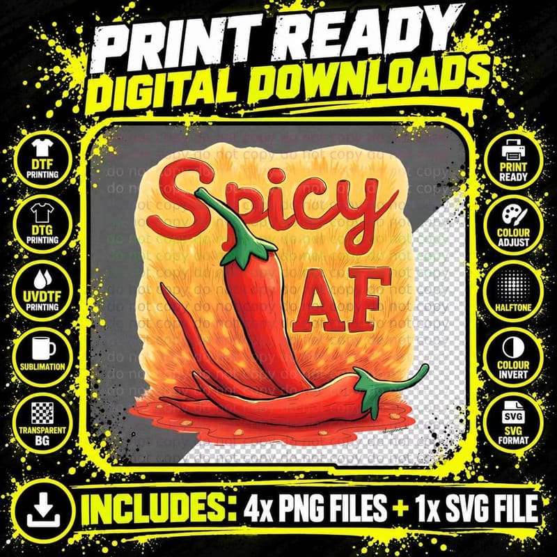 Spicy AF Three Red Chili Peppers Hot Sauce Flames Logo Png SVG Digital Bundle