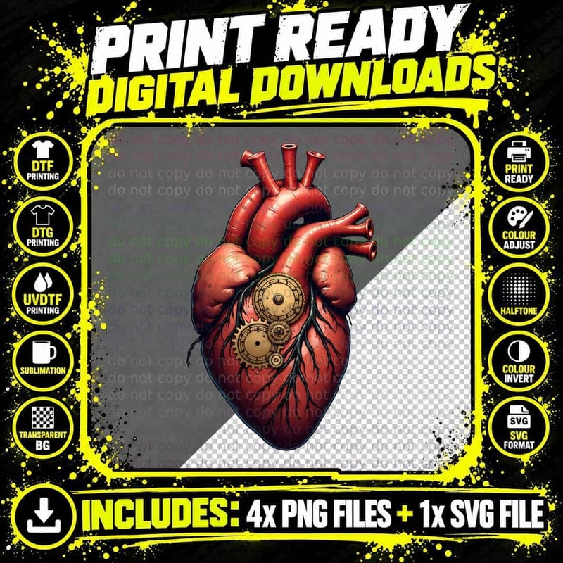 Steampunk Clockwork Heart T-Shirt Png SVG Digital Bundle