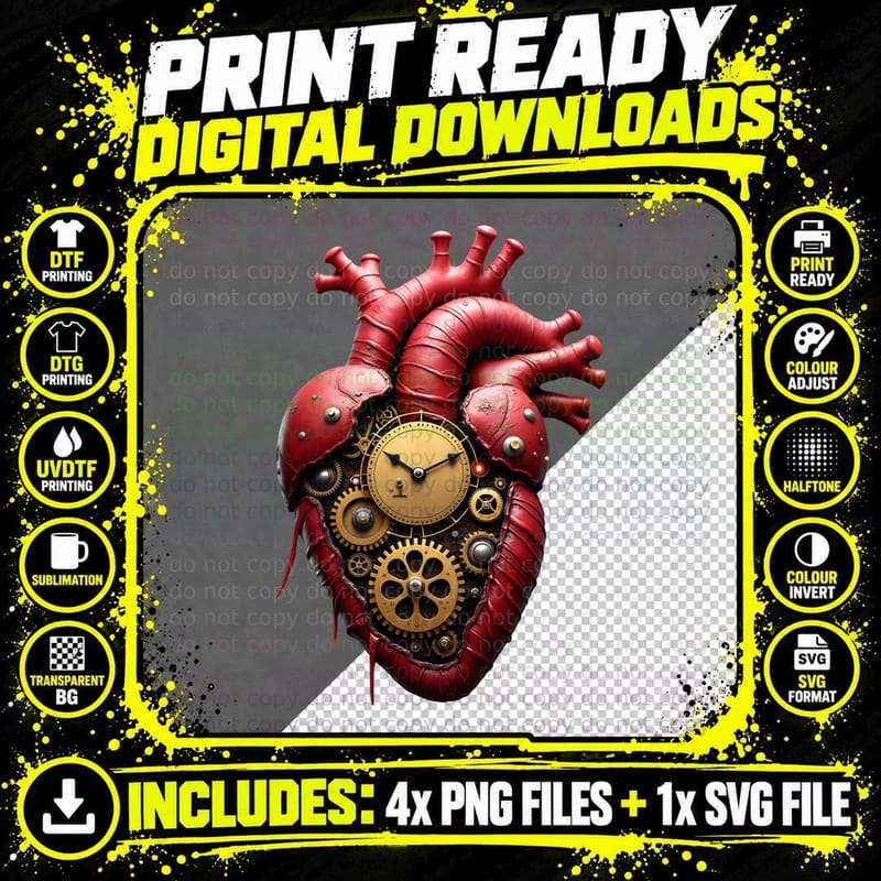 Steampunk Gears and Cogs Heart T-Shirt Png SVG Digital Bundle