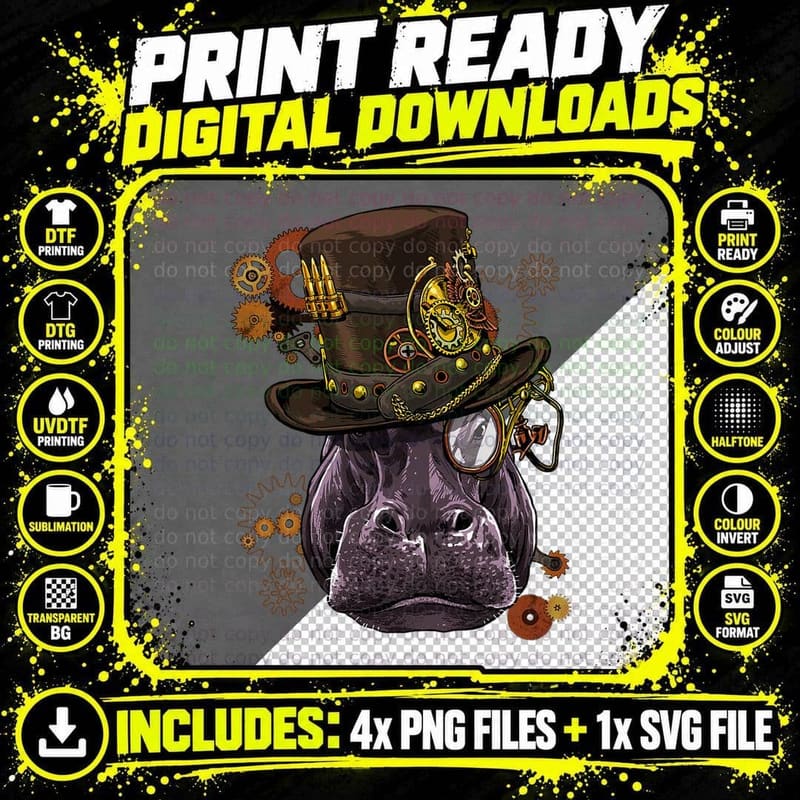 Steampunk Hippopotamus Steampunk Lovers Women Men T-Shirt Png SVG Digital Bundle