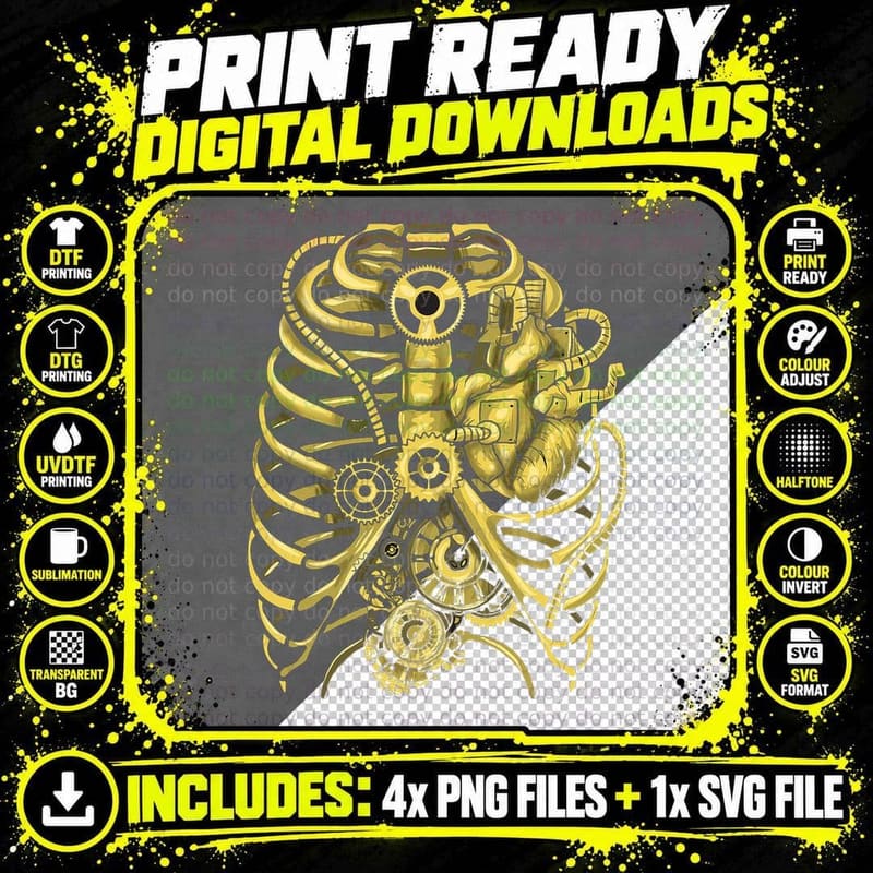 Steampunk Mechanical Heart Chest Gears Men Women Png SVG Digital Bundle