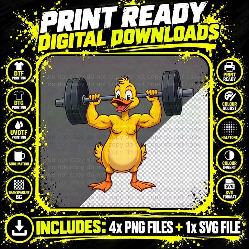 Strong Duck Lifting Barbell Muscular Arms Yellow Orange Png SVG Digital Bundle