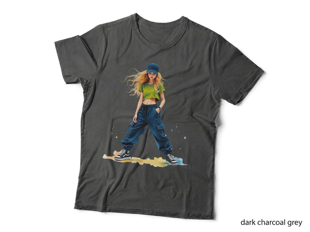 Stylish Streetwear Girl in Green and Blue Urban Fashion Art T-Shirt