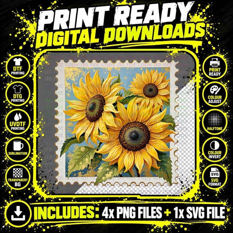 Three Vibrant Sunflowers Postage Stamp Blue Background Png SVG Digital Bundle
