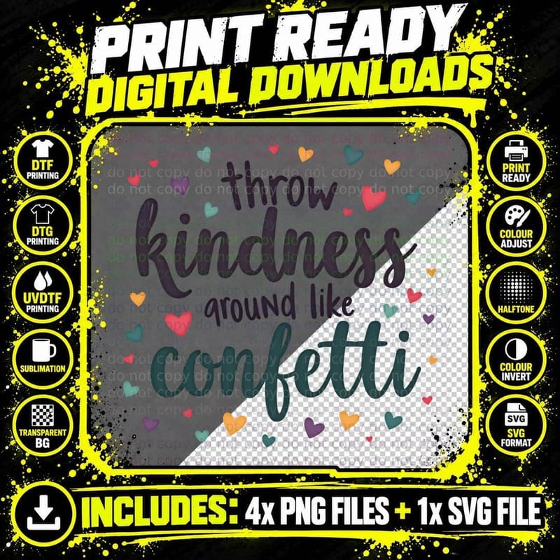 Throw Kindness Like Confetti Handwritten Hearts Quote Png SVG Digital Bundle