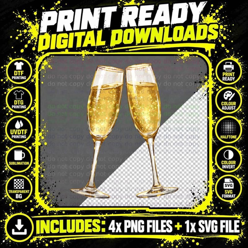 Two Champagne Flutes Clinking Golden Champagne Png SVG Digital Bundle