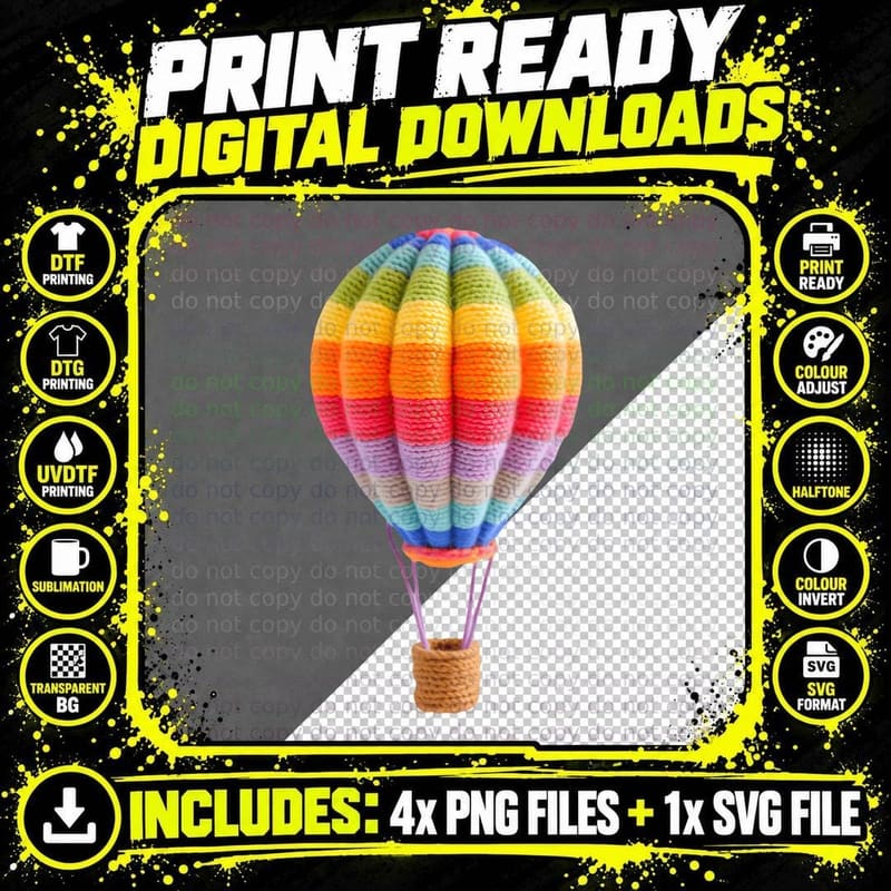 Vibrant Knitted Rainbow Hot Air Balloon Crocheted T-Shirt Png SVG Digital Bundle