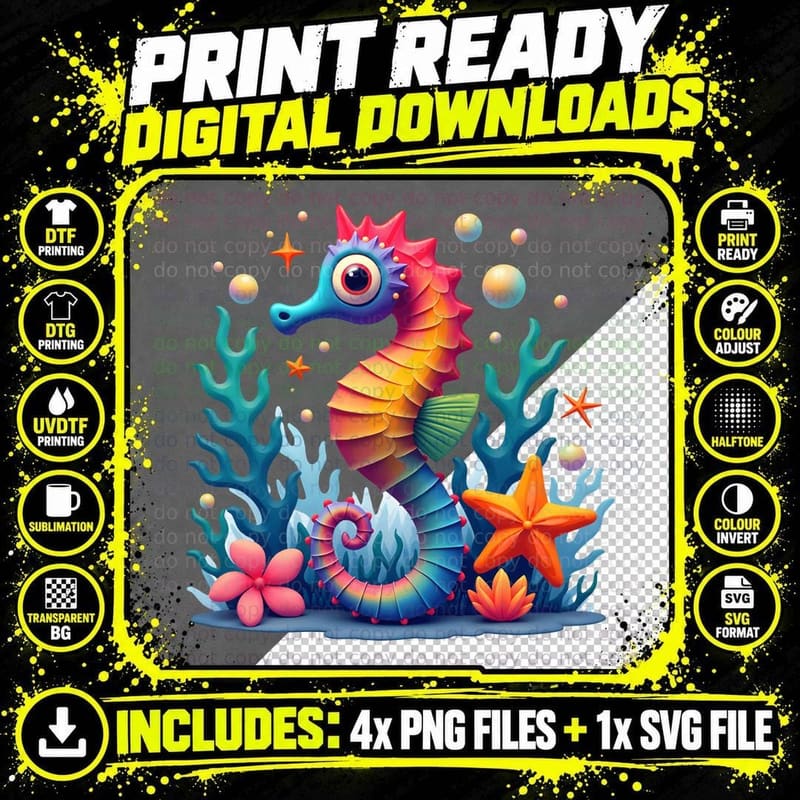 Vibrant Painted Ocean Seahorse T-Shirt Png SVG Digital Bundle