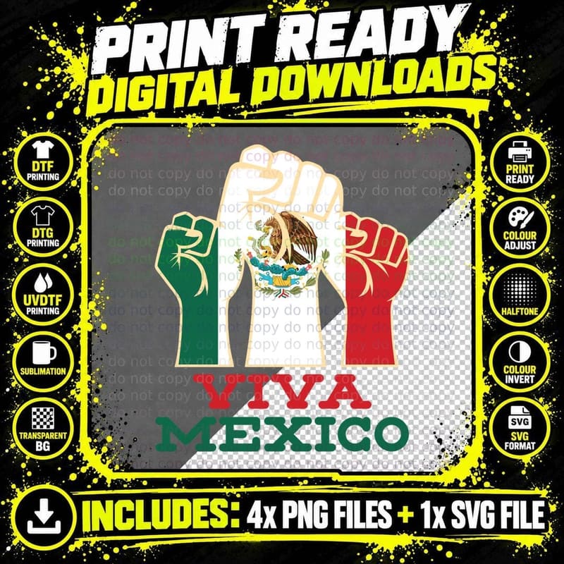 Viva Mexico Fists Symbol Mexican Flag Eagle Gift T-Shirt Png SVG Digital Bundle