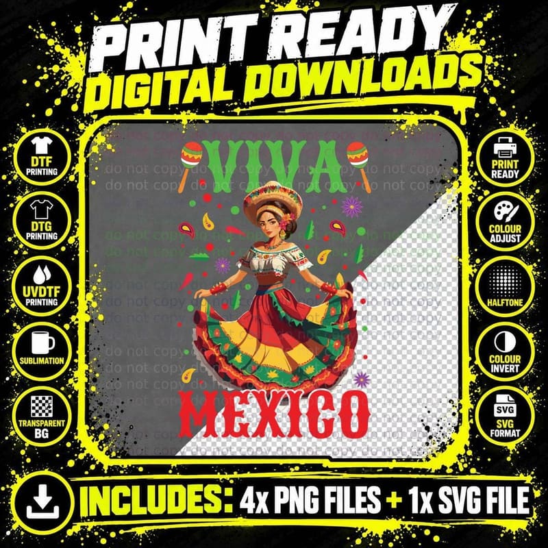 Viva Mexico Independence Mexican Lady Mexican Day Gift Png SVG Digital Bundle