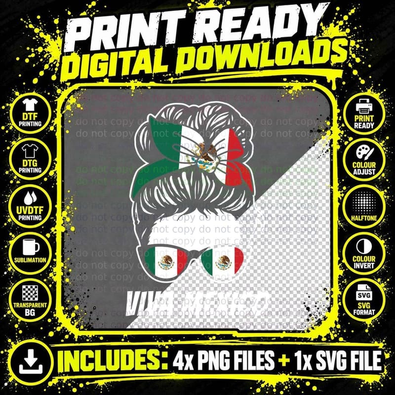 Viva Mexico Messy Bun with Bandana and Glasses Mexican Png SVG Digital Bundle