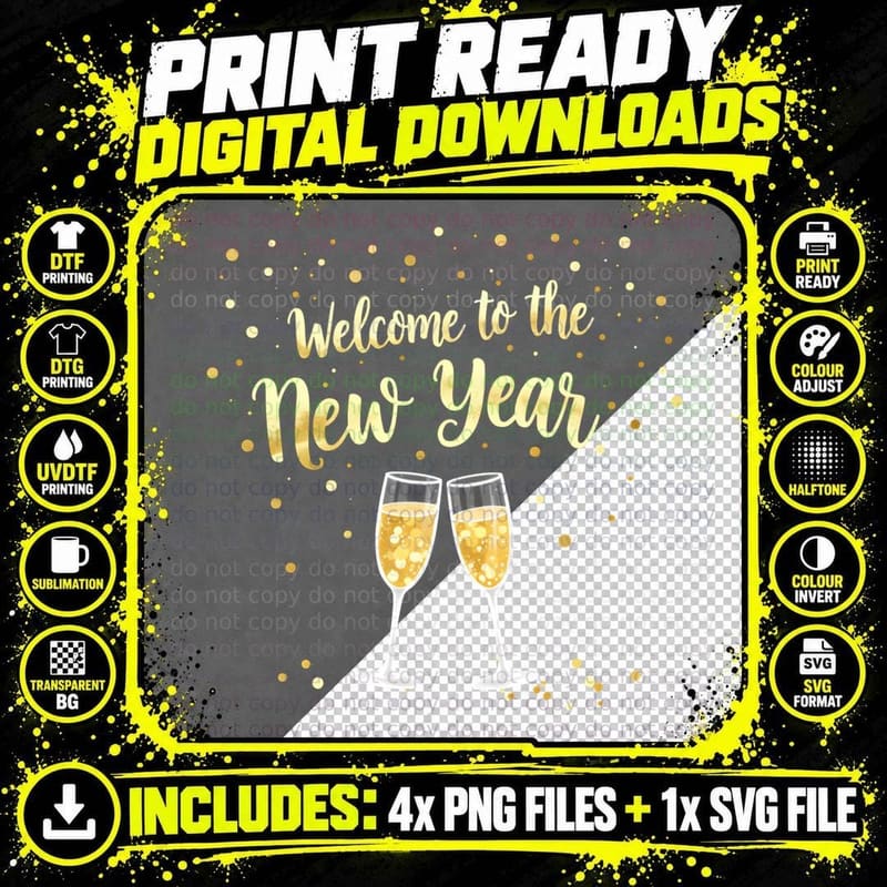 Welcome to the New Year Gold Champagne Flutes Confetti Png SVG Digital Bundle