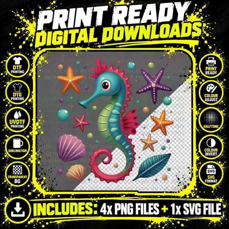 Whimsical Rainbow Seahorse Painted Effect T-Shirt Png SVG Digital Bundle