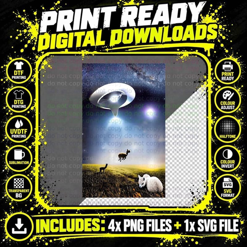 Alpaca Abduction, Authentic Quality Graphic T-Shirt Png SVG Digital Bundle