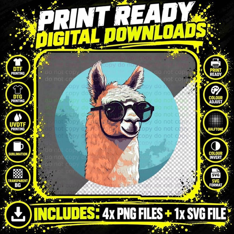 Alpaca South American Mammal Andean Cammelid Sunglasses Png SVG Digital Bundle