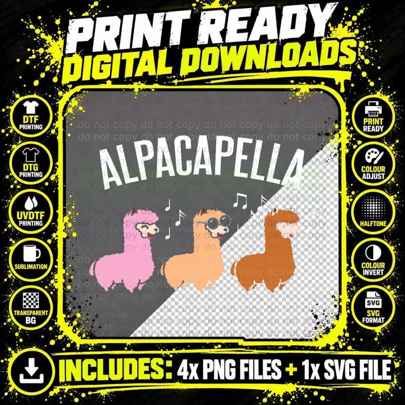 Alpacapella Cute Woolly Acapella Alpaca Musician T-Shirt Png SVG Digital Bundle