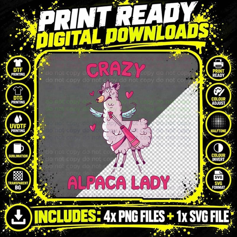 Crazy Alpaca Lady T-Shirt Png SVG Digital Bundle