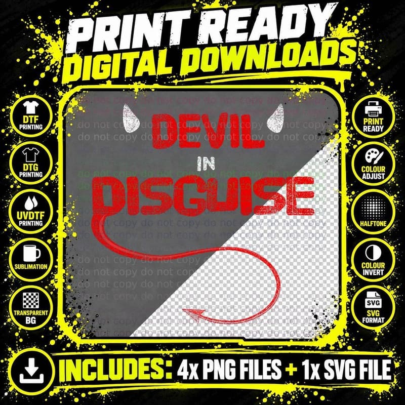 Devil in Disguise Evil Horns and Pointy Tail T-Shirt Png SVG Digital Bundle