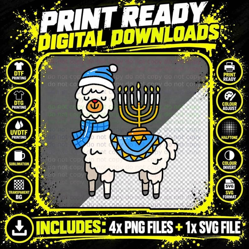 Hanukkah Llama Menorah Chanukah Alpaca Cute Women Girls Png SVG Digital Bundle