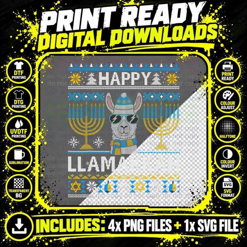 Happy Llamakkah Hanukkah Llama Menorah Chanukah Alpaca Png SVG Digital Bundle