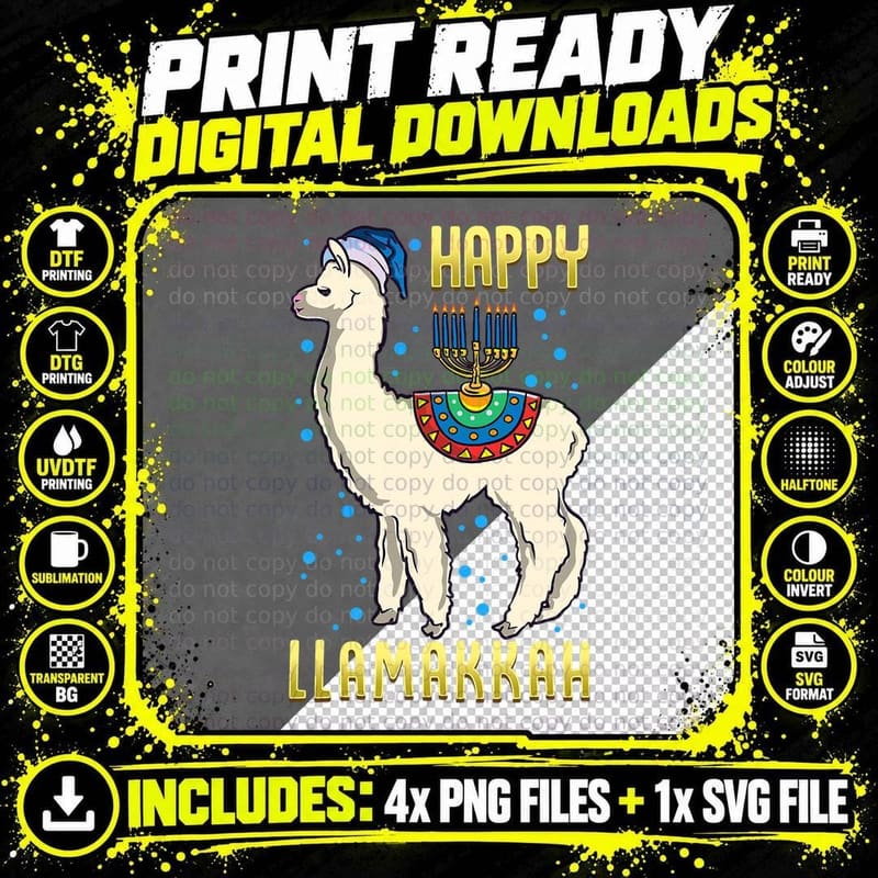 Happy Llamakkah Jewish Llama Chanukah Alpaca Happy Png SVG Digital Bundle