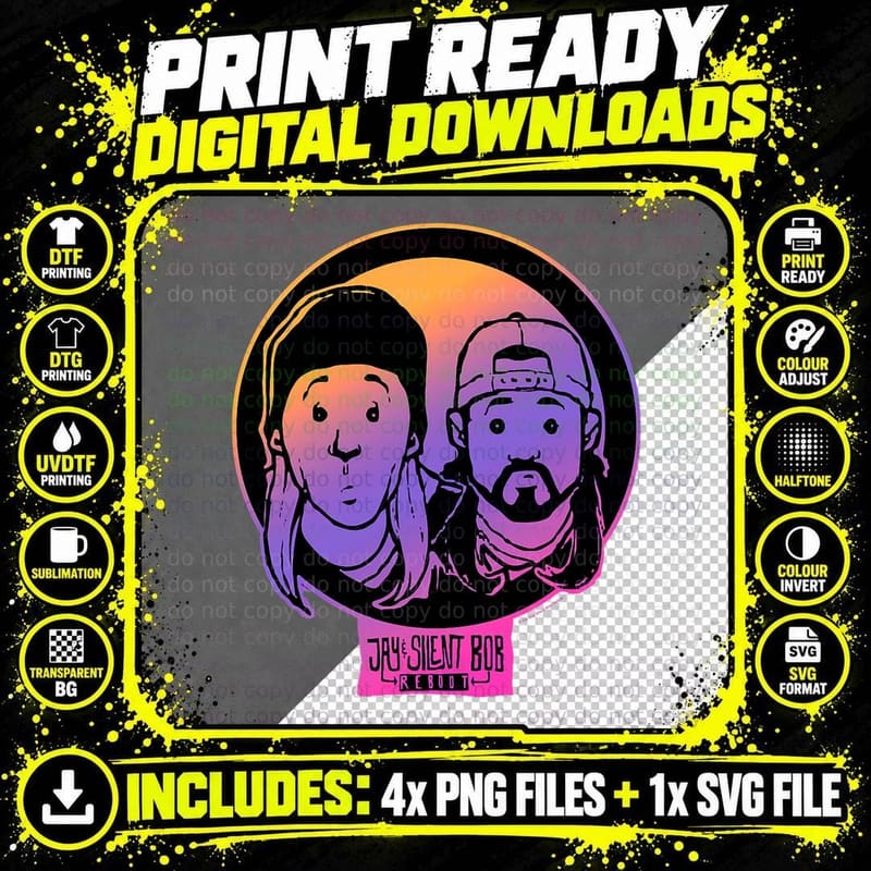 Jay & Silent Bob Colorful Cartoon Gradient Portraits Png SVG Digital Bundle