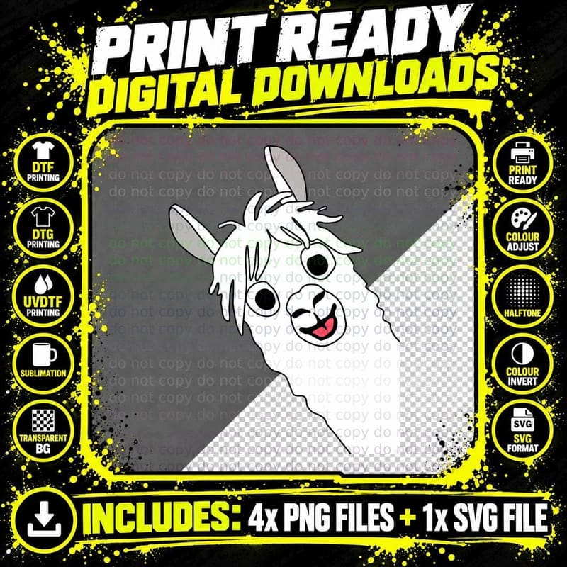 Laughing Alpaca Comic Lama in White with Big Eyes T-Shirt Png SVG Digital Bundle