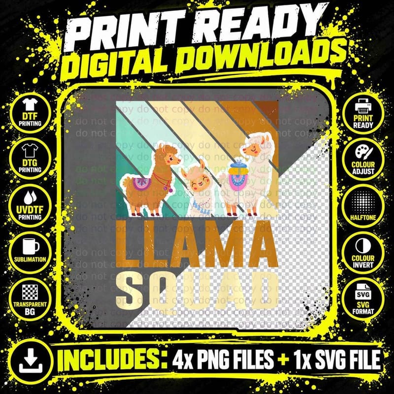 Llama Alpaca Squad, Authentic Quality Graphic T-Shirt Png SVG Digital Bundle