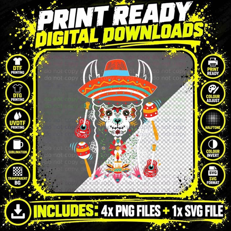 Llama Dia De Los Muertos Day of the Dead Alpaca Calavera Png SVG Digital Bundle