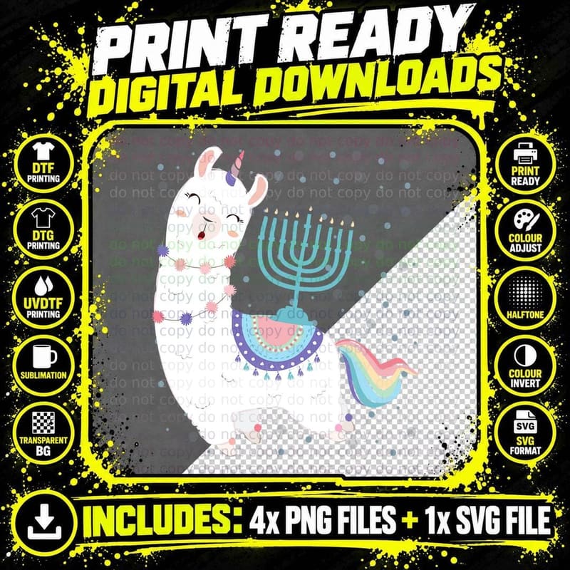 Llama Menorah Happy Hanukkah Festival Jewish Alpaca Png SVG Digital Bundle