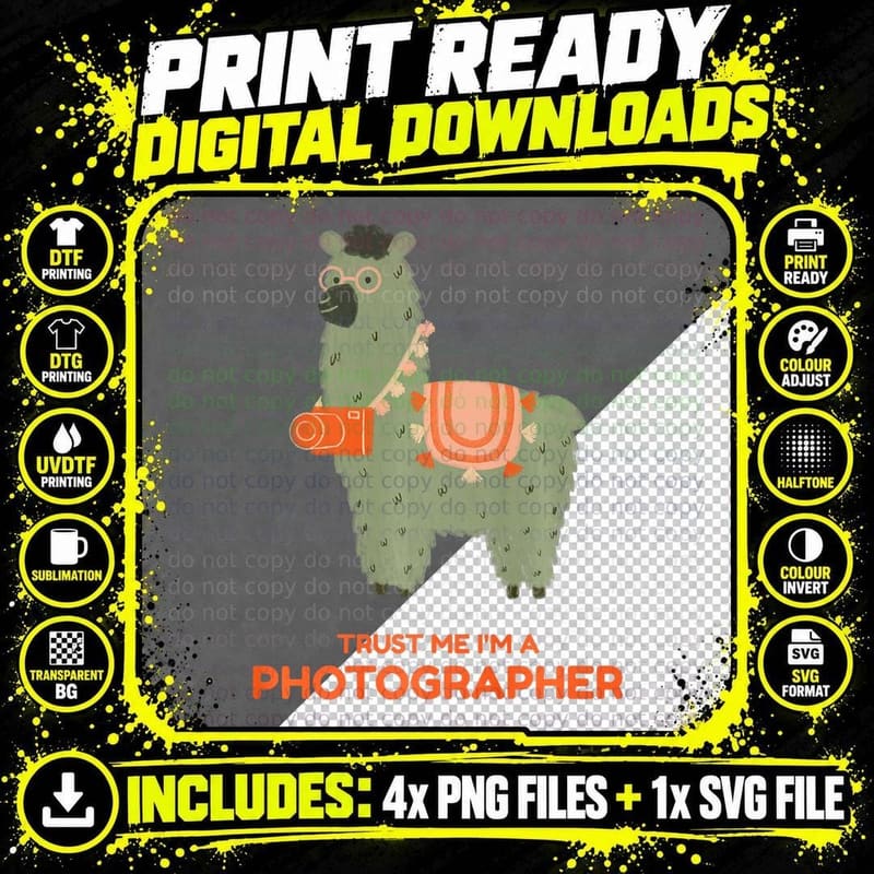 Llama Photography Gifts & Cute Alpaca Event Photographer Png SVG Digital Bundle