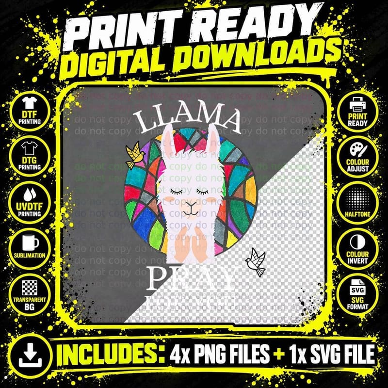 Llama Pray for You Praying Hands Alpaca Stained Glass Png SVG Digital Bundle