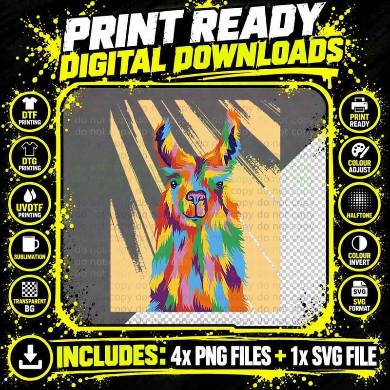 Llama Splash Art for Llama Lovers Alpaca Colorful Art Png SVG Digital Bundle