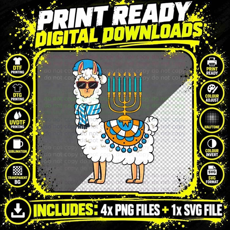 Menorah Hanukkah Llama T-Shirt Cute Alpaca Chanukah Png SVG Digital Bundle