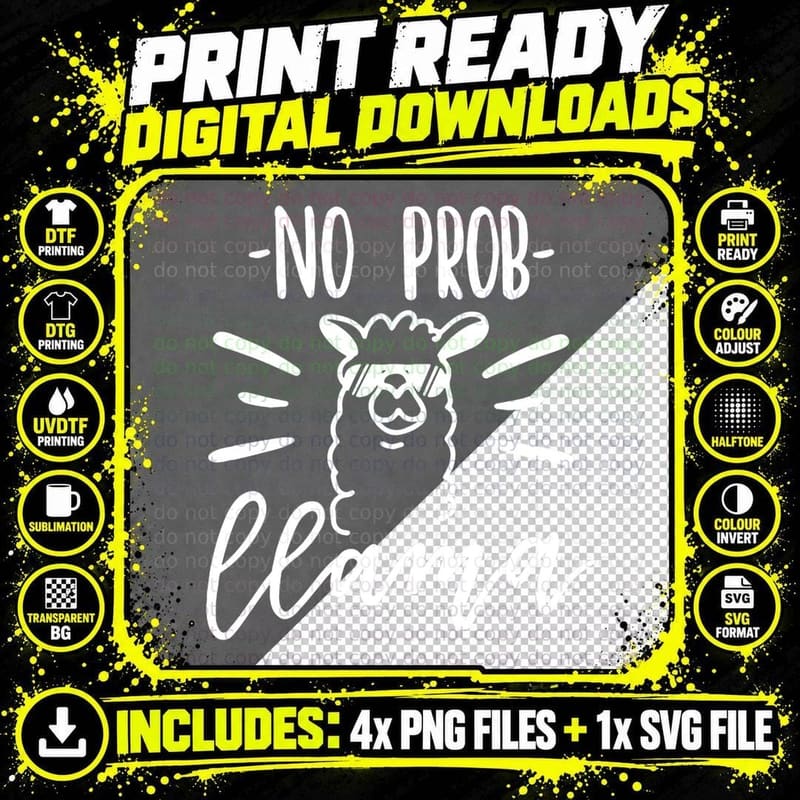 No Prob Llama Black White Alpaca Lover T-Shirt Png SVG Digital Bundle