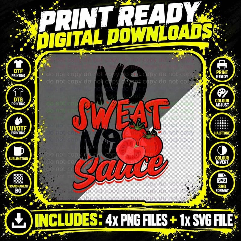 No Sweat No Sauce - Pasta Noodles and Tomato Sauce Png SVG Digital Bundle
