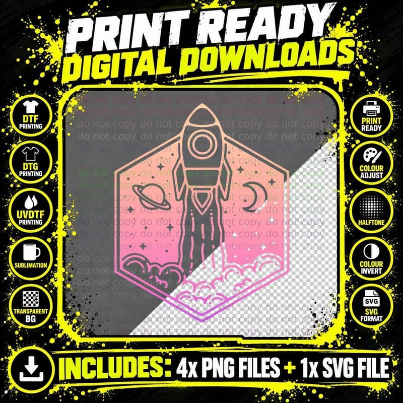 Space Present Girls Kids Color Fade Space Rocket Launch Png SVG Digital Bundle