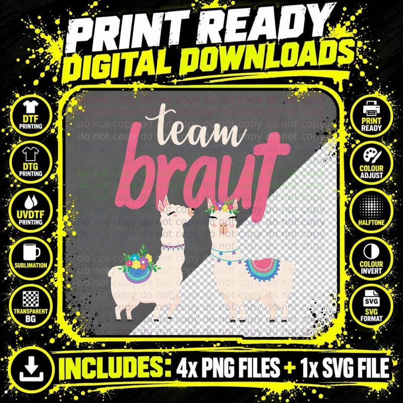Team Braut - Sweet Llama Alpaca JGA Women Groups T-Shirt Png SVG Digital Bundle