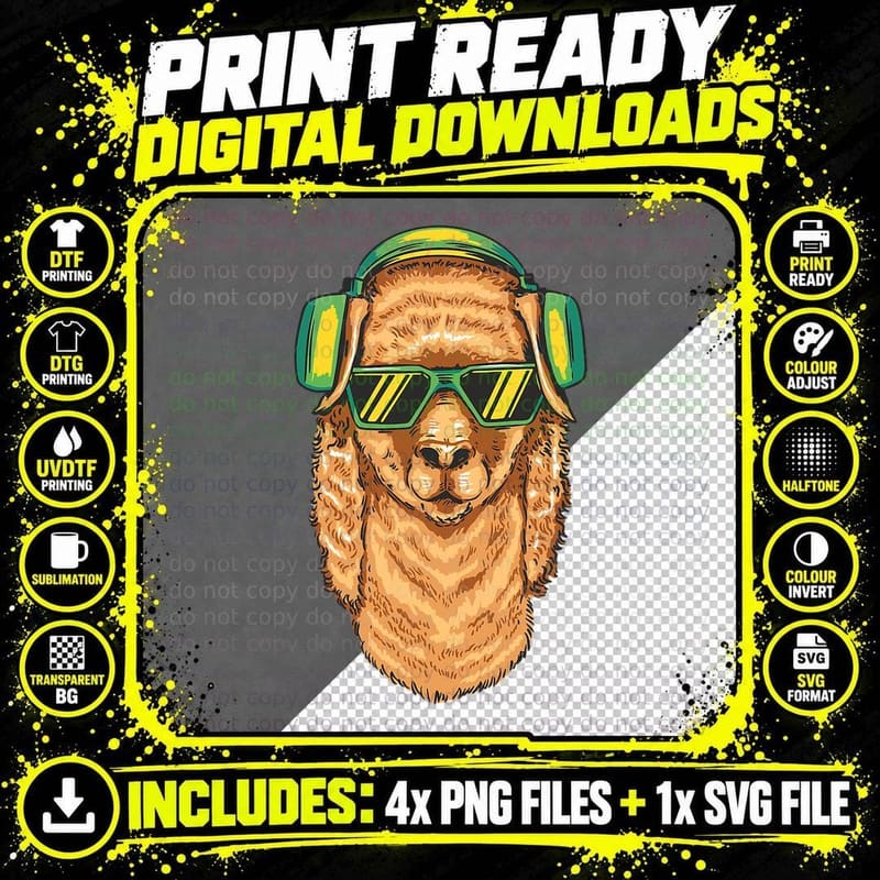 Trendy Alpaca Tee Stay Cool Sunglasses and Headphones Png SVG Digital Bundle