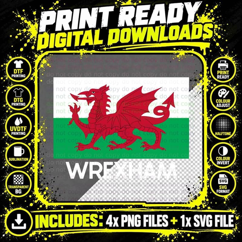 Wrexham Wales Welsh Flag Baner Y Ddraig Goch T-Shirt Png SVG Digital Bundle