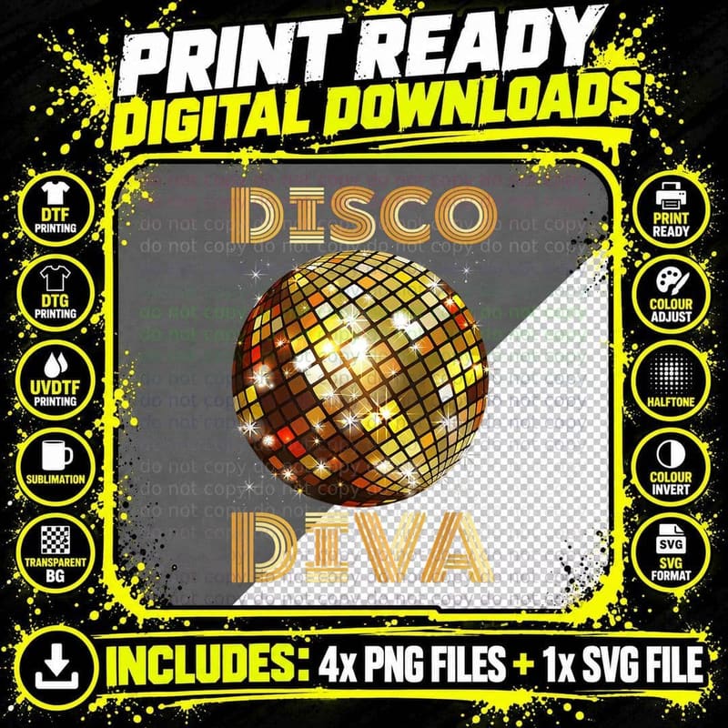 Disco Diva 70's Dancefloor Glitterball Mirrorball Png SVG Digital Bundle