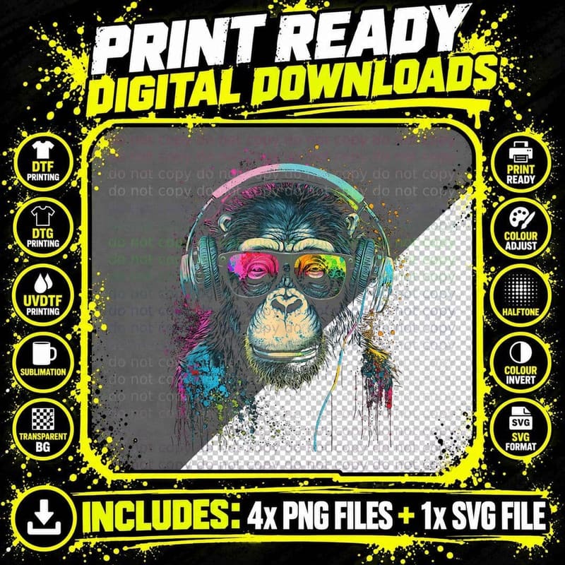 Monkey DJ with Headphones and Sunglasses Disco Png SVG Digital Bundle
