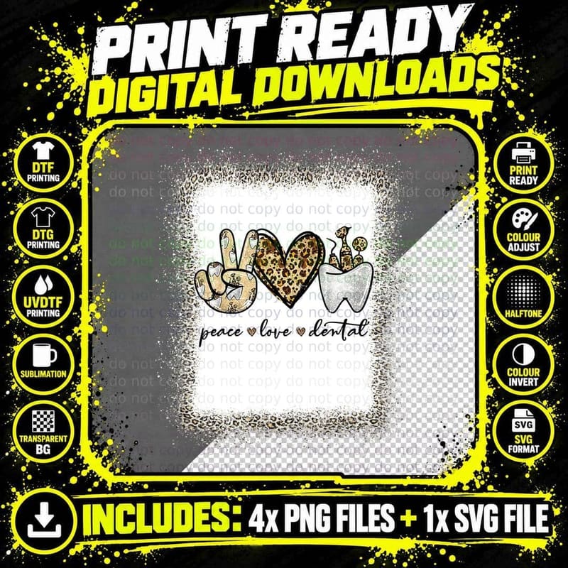Peace Love Dental Leopard Heart Teeth Cute Dentist Gifts Png SVG Digital Bundle