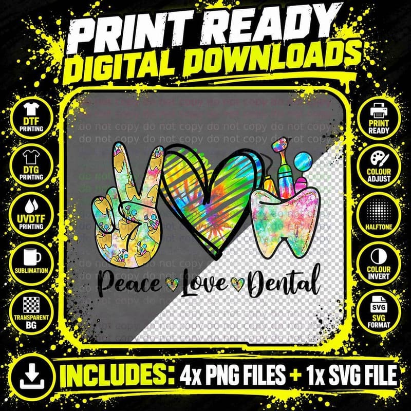 Peace Love Dental Tie Dye Heart Th Cute Dentist T-Shirt Png SVG Digital Bundle