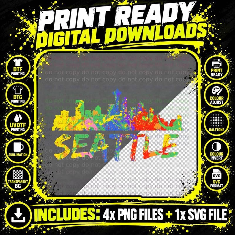 Seattle Hoodie Washington Skyline Paint Splash T-Shirt Png SVG Digital Bundle