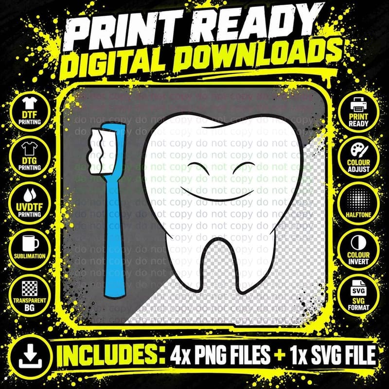 Tooth and Toothbrush Dentist Brushing Teeth T-Shirt Png SVG Digital Bundle