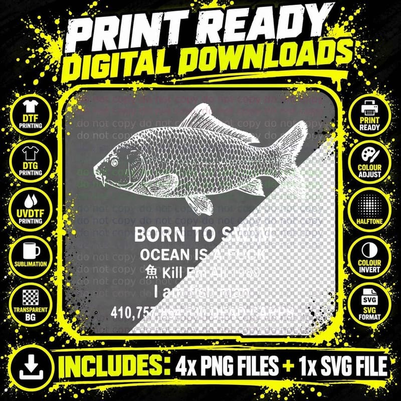 Born to Swim Ocean Is a Fuck I Am Fish Man 1989 T-Shirt Png SVG Digital Bundle