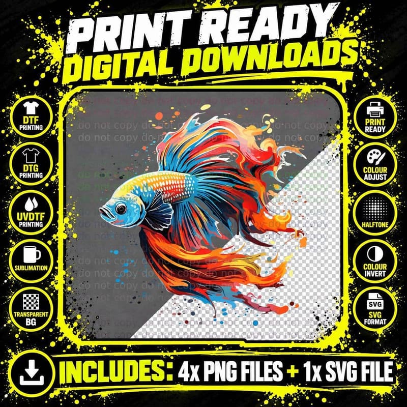 Colorful Betta Fish Lover Splash Art Betta Fighting Fish Png SVG Digital Bundle